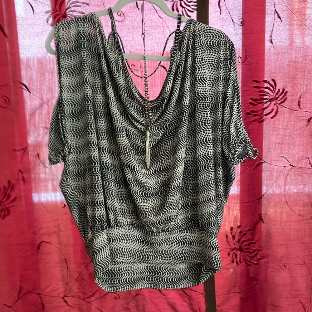 S-Twelve Draped Green and Black Short Sleeve Blouse